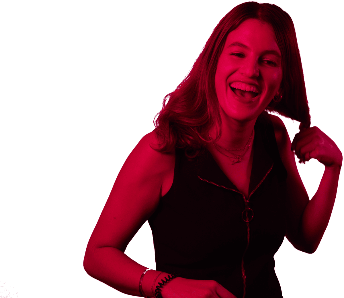 Ashley Nader laughing, cut out from a magenta-lit studio portrait